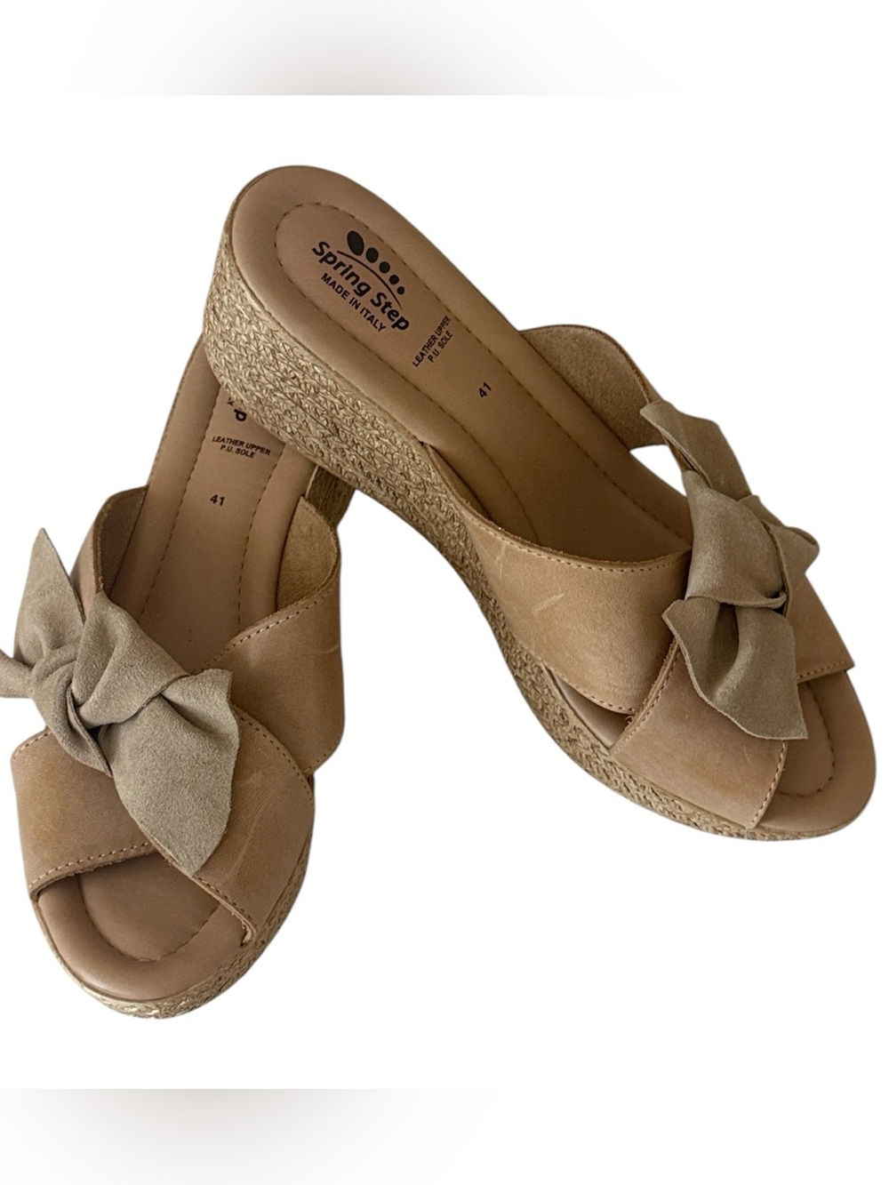 Spring Step Tan Espadrille Wedge Slide Sandals with Bow Accent, size 41=9.5/10
